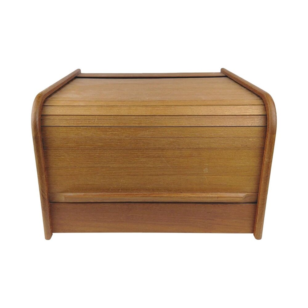 Teak-Tech Tambour Roll Top Wood Desk Storage 1960's Vtg Organizer MCM